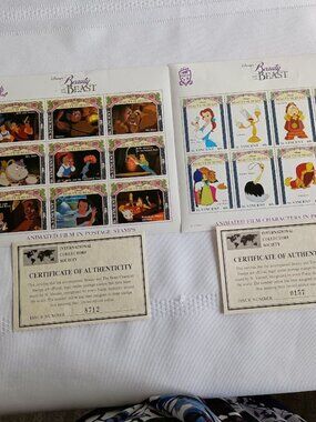 Disney Beauty and the Beast Postage Stamp Sheets with Certif. pf Authenticity